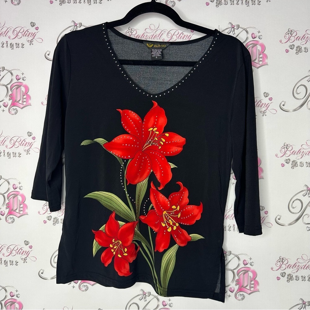 Valentina long sleeve rhinestone studded lily Floral Black Top with Red Flowers
